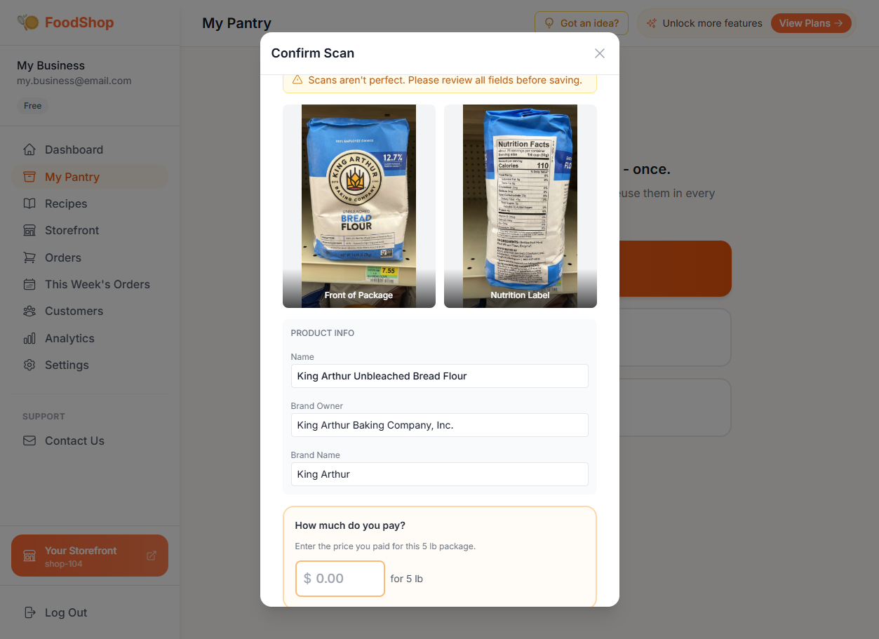 Scan confirmation screen showing extracted nutrition data